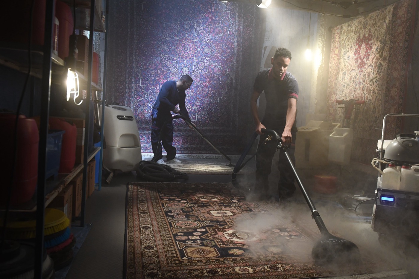 Steam cleaning a rug